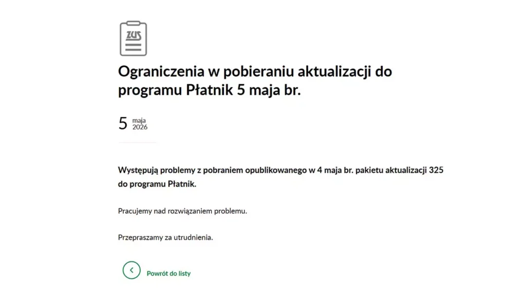 Komunikat ZUS o wycofaniu aktualizacji z 4 maja dotyczącej metryki 325