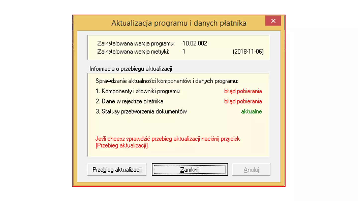 Płatnik ZUS - błąd aktualizacji metryk 325